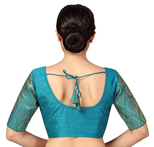 Image of Studio Shringaar Womens Elbow Length Sleeves Silky Saree Blouse with Brocade Sleeves.