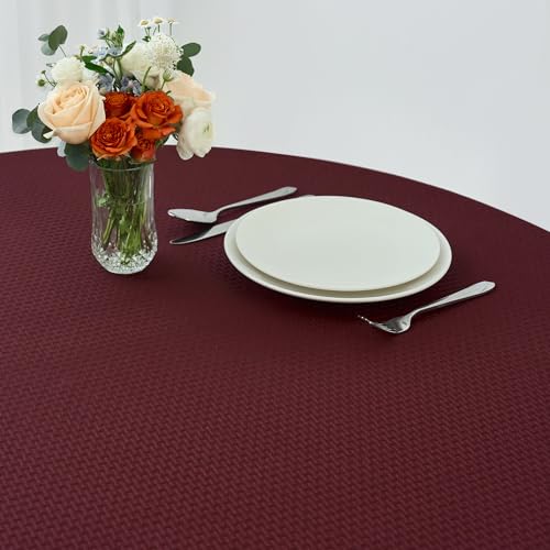 Image of maxmill Round Weaved Texture Design Tablecloth Spill-Proof Wrinkle Free Soft Washable Table Cloth for Circular Table Cover, for Dining Room Buffet Banquet Parties Holiday Dinner, 90 Inch Burgundy