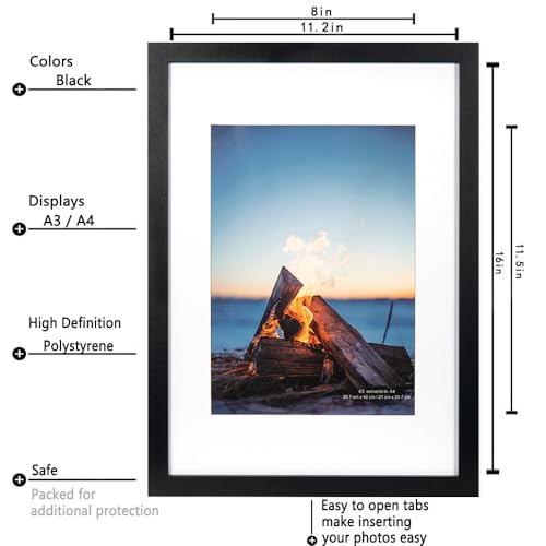 Scholar Tree Black A3 Photo Frames, Wooden Picture Frames A3 with Mount for A4 Frame, Wall Mountable…, A3-1P - Image 4