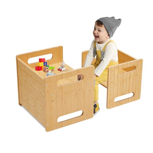Image of HOMMOW Montessori Table and Chair Set,Bamboo Wood Weaning Table and Chair Set,Kids Montessori Furniture for Reading,Dining,Playing