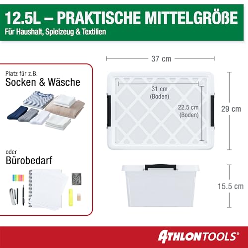ATHLON TOOLS 4x 12.5 L Aufbewahrungsboxen mit Deckel, lebensmittelecht - Verschlussclips - 100% Neumaterial Plastik-Box transparent - Kleiderboxen stapelbar…