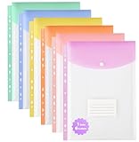 SUIN A4 Plastic Wallets with Popper, 11-Hole Punched Pockets for Ring Binders, Pastel Coloured Document Folders with Label Tag, Clear Document Wallets Plastic Folders A4 Size (6 Pack)