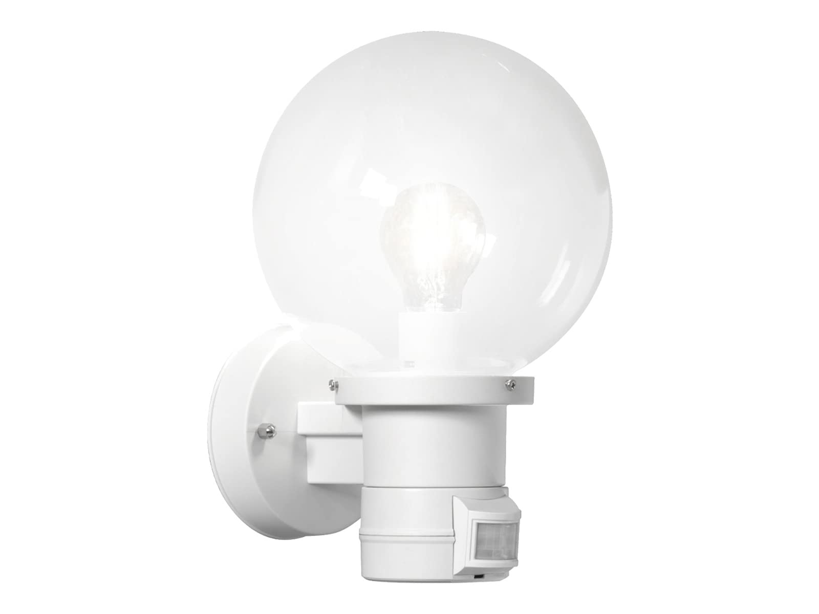 Moderne LED Außenwandleuchte mit Bewegungsmelder und großer Glas Kugel, Weiß