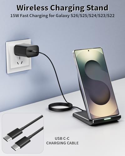 Image of Wireless Charger Stand for Samsung,15W Max Wireless Charging Stand Desk Charging Station Android Desk Charger for Samsung S26 /S25 Ultra /S24+ /S23 /S22 /S21 FE,iPhone Air /17e /17 Pro Max /16 Pro /15 /14 /13 /12
