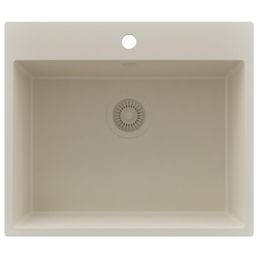 PRIMAGRAN Evier Cuisine en Granit Beige 58x50cm, Lavabo 1 bac + Kit de Vidage, Évier à Encastrer al mueble 60cm - Riga S314