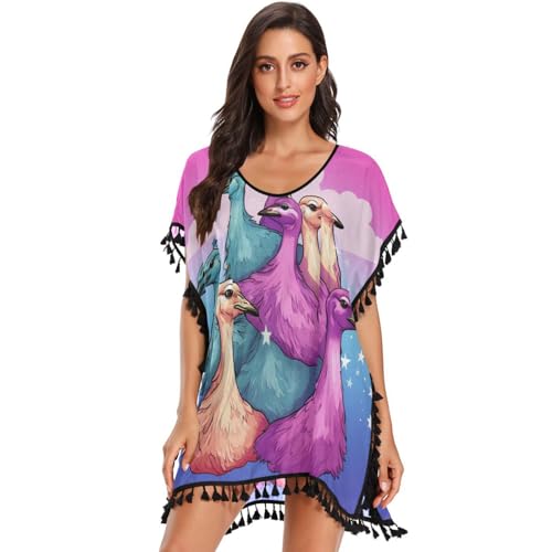 Doodle Art Cute Ostrich Women's Beach Cover Up Chiffon Tassel Swimwear Swimsuit Coverups for Girl