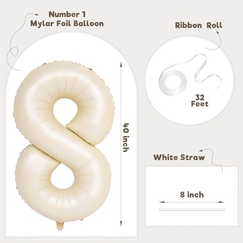 Image of Number Balloons for Birthday Decorations - 40 Inch Large Party Balloons 8, Cream Foil Number Balloons for Boys Girls, Balloons for Party Supplies
