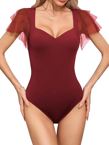 Missufe Damen Transparentes Mesh Kurzarm Bodycon Oberteil Sommer Body Bodysuit Tops (Burgunderrot, Groß) Missufe Damen Transparentes Mesh Kurzarm Bodycon Oberteil Sommer Body Bodysuit Tops (Burgunderrot, Groß)