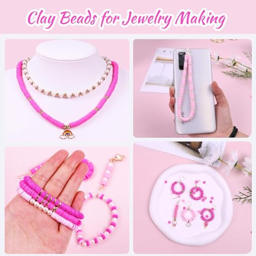 Image of MAGHROLA Pink Clay Beads Kit for Bracelets Making, Polymer Heishi Beads for Jewelry Making, Friendship Bracelet Kit for Girls Adults, Spacer Pearl Beads for Necklace Earring DIY (DIYBeadsSet-1) (Pink)