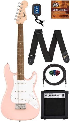 Fender Squier 3/4-Size Kids Mini Strat Electric Guitar - Pink Bundle with Amplifier, Cable, Tuner...