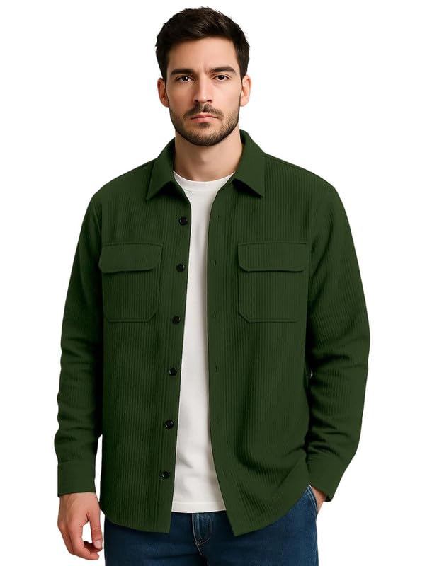 DEELMO Men’s Cotton Polyester Corduroy Shirt with Textured Pattern Spread Collar Full Sleeves Dual Pocket Front and Button Down Closure | Textured Shirts for Men | Shirts for Men Stylish