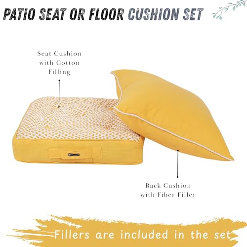 Image of Yellow Woven Quilted Floor Cushion Set 60x60x10 CM with Fillers & Back Cushion, Large Size for Seating, Patio Seat, Meditation, Yoga, Pooja, Guests, Living 24x24x4 Inch