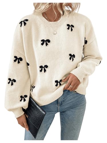 Image of BEAUDRM Women's Y2K Bow Print Sweater Crewneck Long Sleeve Drop Shoulder Knit Pullovers Sweaters Beige Large
