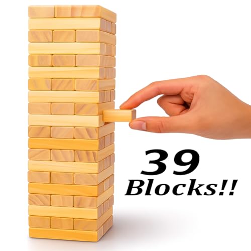 Image of Classic Wooden Stacking Tower Game for Kids & Adults | 39 PCS Premium Tumble Blocks | Educational Indoor Family Board Game for Party & Fun Balance Building Toy