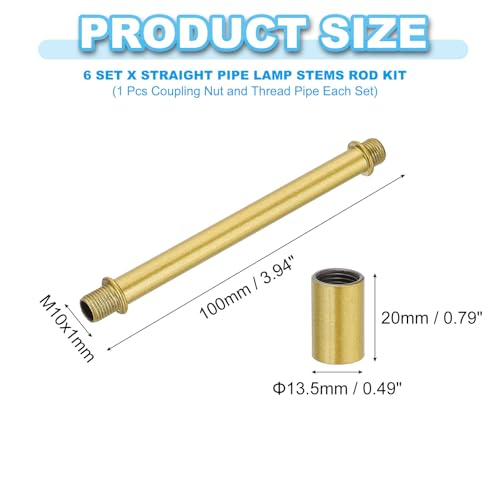 Image of PATIKIL Straight Pipe Lamp Stems Rod Kit, 6 Set M10 Carbon Steel 100mm(3.94 inch) Long Double End Thread Rod with Coupling Nuts Sleeve Connector for Table Lamps Chandeliers, Gold Tone