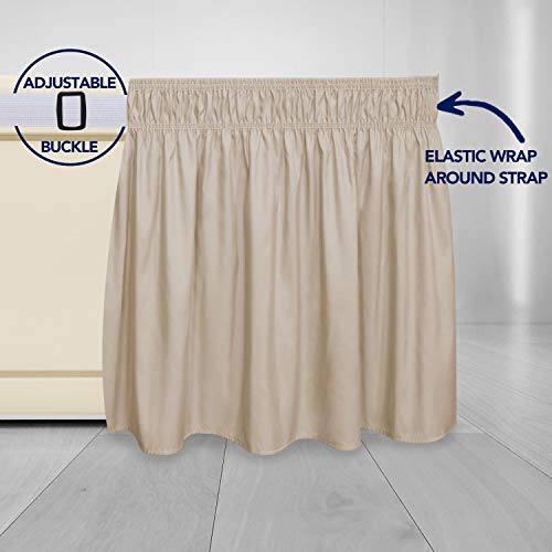 PureFit Wrap Around Ruffled Bed Skirt with Adjustable Elastic Belt - 14 Inch Drop Easy to Put On, Wrinkle Free Bedskirt Dust Ruffles, Bed Frame Cover for Twin, Twin XL and Full Size Beds, Beige