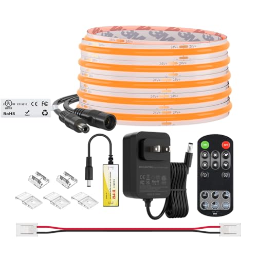 Image of BTF-LIGHTING Orange Color COB LED Strip Light, UL Listed High Density Flexible Tape Light with RF Remote & ETL Power Adapter, DC12V 16.4FT Ultra Bright Light for Cabinet Kitchen Home Indoor Lighting