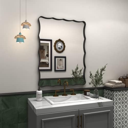 CHARMOR 24x32 Black Bathroom Mirror for Wall, Rectangle Framed Mirror for Bathroom, Decorative Wall Mirror with Wavy Frame, Anti-Rust(Horizontal/Vertical)