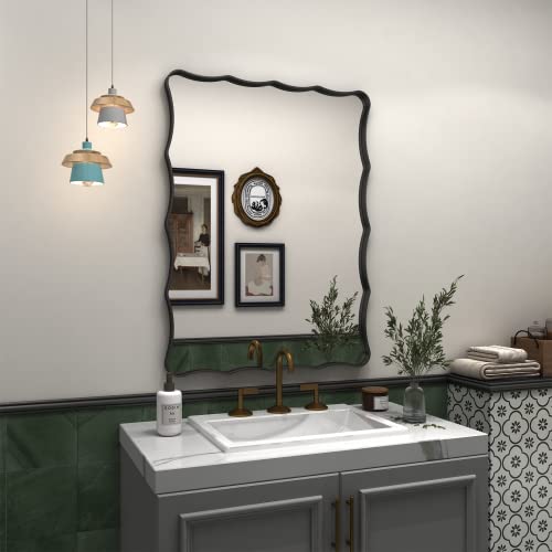 Charmor 24X32 Black Bathroom Mirror For Wall, Rectangle Framed Mirror For Bathroom, Decorative Wall Mirror With Wavy Frame, Anti-Rust(Horizontal/Vertical) #TOP3
