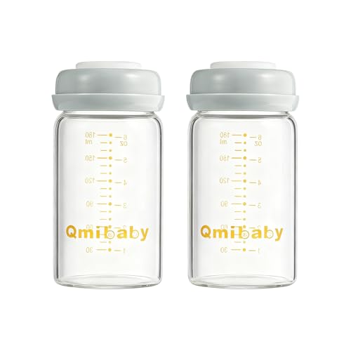Qmibaby Glass Breastmilk Storage Bottles BPA-Free Leak-Proof Baby Bottle for Breastmilk Storage Wide Neck Bottles with Screw Ring Sealing Disk Breastfeeding (Grey-180ML-2PCS)