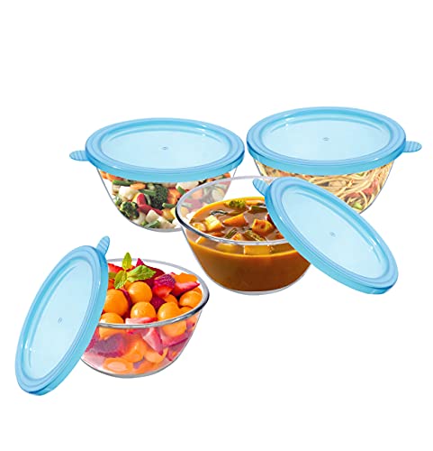 SIMPARTE Borosilicate Glass Mixing & Serving Bowl Set of 4, 2100ml with Lid | Microwave, Oven, Freezer & Dishwasher Safe | Clear, Durable, Odor Resistant | Ideal for Kitchen, Storage, Reheating