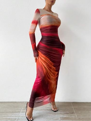 Image of LIGHT DOT Women's Printed Bodycon Maxi Dress Long Sleeve Tie Dye Mesh Ruched Cocktail Dress