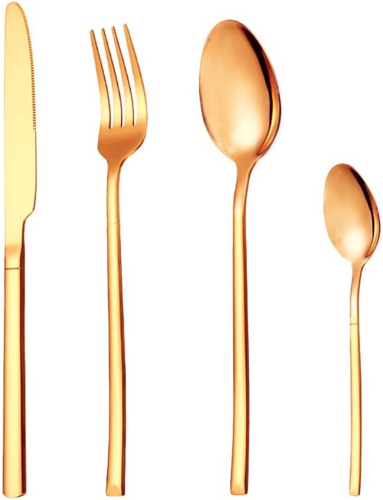 Silverware Flatware Set, 4/16/24/32/40/48 Piece Stainless Steel Knight Knife, Fork And Spoon Tableware Square Handle Steak Knife And Fork Four-piece Set(Rose Gold,24 Piece set for 6)