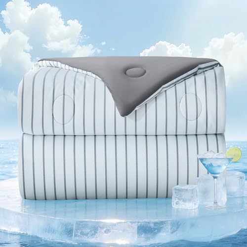 bedsmile Striped Cooling Comforter Queen Size, Q-Max 0.45 Reversible Cooling Blanket for Hot Sleepers, Breathable Lightweight Silk Smooth Summer Bedding, Quilted Ice Blanket, Dark Gray