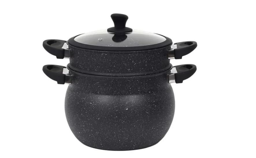 Couscoussier Antiadhérent 5L avec Revêtement Effet Pierre - Compatible Tous Feux, Induction, Couvercle en Verre Trempé
