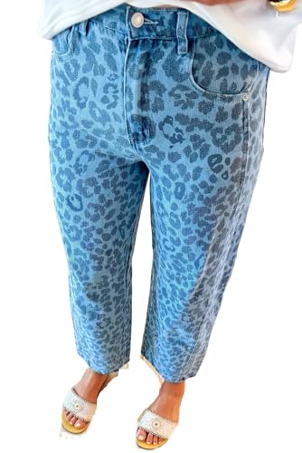 Apvirdy Women's Leopard Denim Pants Straight Leg High Waist Trendy Elegant Loose Jeans 2025