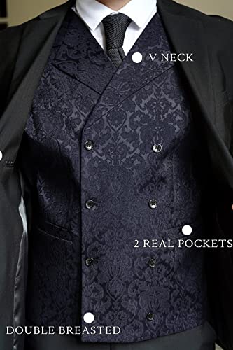 Coofandy Mens Victorian Vest Steampunk Double Breasted Suit Vest Slim Fit Brocade Paisley Floral Waistcoat (Large, Navy Blue*) #TOP5