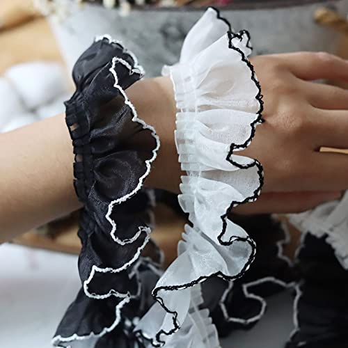 Kuasting 3 Yards Ruffled Pleated Lace Fabric Trim Pleated Chiffon Black And White Matching Dress Decoration Tulle Fabric Applique Trimming Craft Sewing Diy Craft Sewing Decoration (3 Yards, White) #TOP5