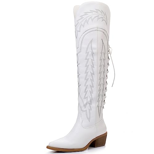 Image of GLOBALWIN Women's Cowboy Western Fashion Over The Knee Thigh High Cowgirl Boots Low Heel