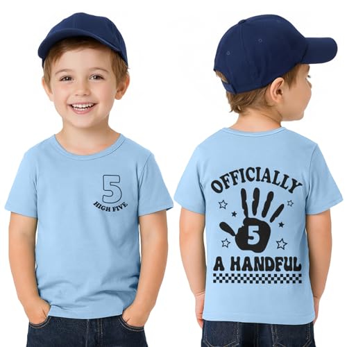 5th Birthday Shirt Toddler Boy 5 Year Old Birthday T-Shirt Short Sleeve 2-Sided Print Tee Tops Outfit (Sky Blue 5T)