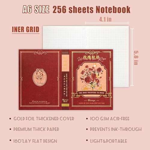Image of VIBEVISTA Vintage Aesthetic Scrapbook Kit, 346 Pcs, A6 Grid Notebook, Washi , Envelopes, Scrapbook Papers, Folding Labels, Background Papers, Photo Frames, Calendar Stickers, Stickers (The Words of the Rose, Rose)