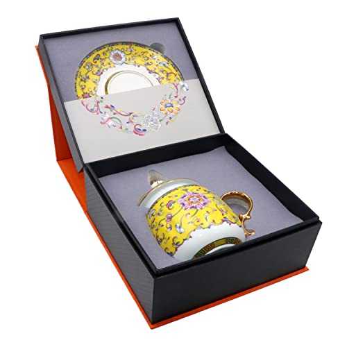 Ichag Enamel Tea Cup,Coffee Mug, Office Tea Set With Gold Handle Blue Enamel Mug,Tea Set Gift, For Man For Womon (Golden Yellow) #TOP4