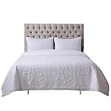 Soul & Lane White as Snow 100% Cotton White 3-Piece Quilt Set with Paisley Stitching - King with 2...