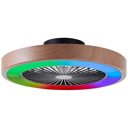 Plafonnier ventilateur LED salon et chambre RGB CCT cadre aspect bois