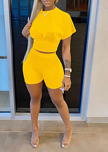 Vnvne Summer Two Piece Outfits For Women, Short Sleeve Tummy Control Crop Top And Bodycon High Waist Pant Workout Sets, 2 Piece Tracksuit Sweatsuit (Yellow, S) #TOP3