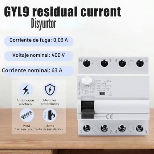 Miniatura 2 de Magnetotermico Interruptor Diferencial 63a 30ma 4 Polos Tipo Ac Rccb Disyuntor Ac 380v Rcd Diferencial Interruptor 4p 63a De Protección Gyl9-4p-63a-0.03a.