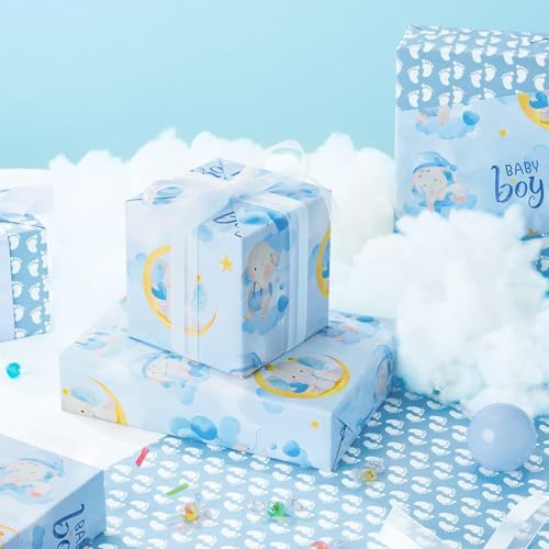 Papier cadeau bleu bébé éléphant pour anniversaire de garçon