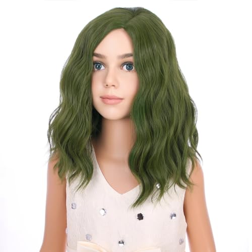 Image of PATTNIUM Olive Green Wig Dark Green Wig for Kids Girls Short Curly Wavy Green Wig Shoulder Length Wigs Synthetic Cosplay Wig with Wig Cap