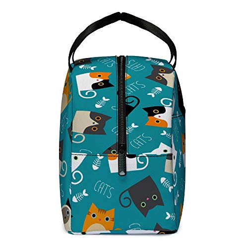 Lunch Bag, Cute Kids Reusable Cooler Lunch Tote Bag Insulated Leakproof Lunch Box Container With Front Pocket For Girls Boys School Work Picnic (Teal Cat) #TOP1