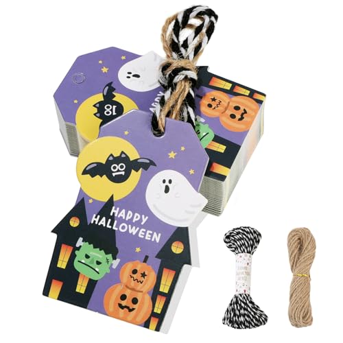 50 Pcs Happy Halloween Tags with String - Halloween Ghost Pumpkin Cat Bat Spider Boo Gift Tag Trick Or Treat Favor Tags Happy Halloween Day Gift Tags Boo Bags Hanging Candy Bag Wrap Tag (Style-6)