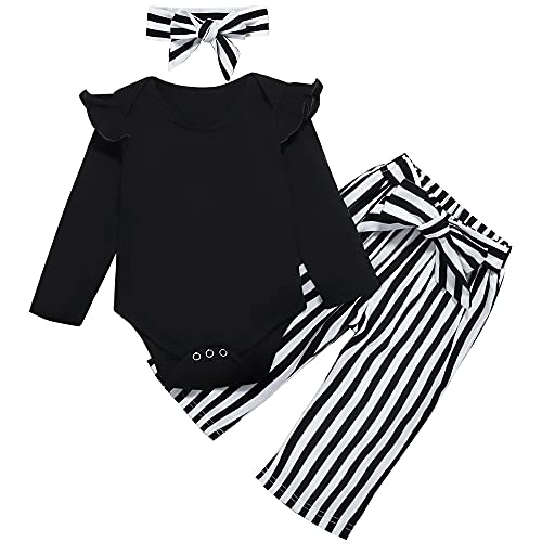 Image of DREAM BUS Newborn Toddler Baby Girl Outfits Romper Ribbed Knitted Long Sleeve Cotton Striped Pants Black,0-3 Months