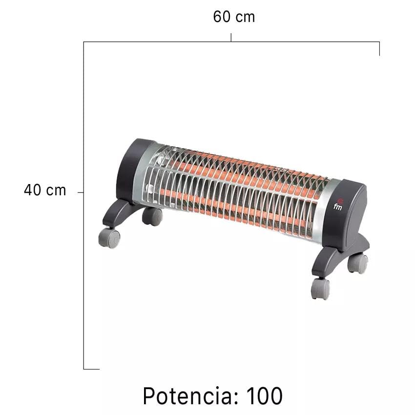 Estufa de cuarzo portátil 1200W con ruedas, ideal para calentar espacios pequeños y proporcionar confort en casa.