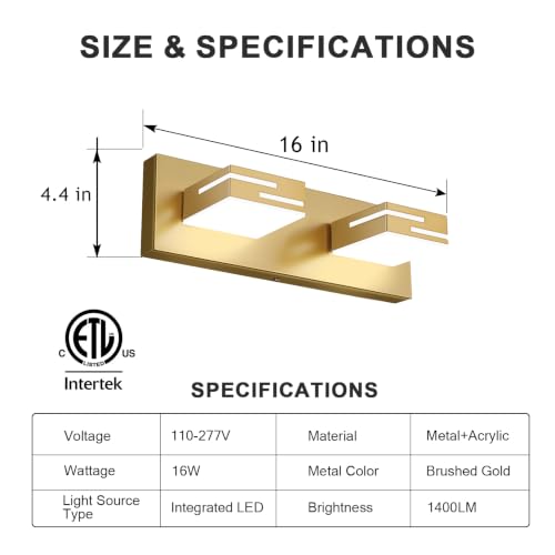 Image of LED Modern Bathroom Vanity Light Fixtures, Dimmable Gold Vanity Lights for Bathroom Lighting Fixtures Over Mirror, with 360 Rotatable Heads 2-Light 16-inch (Cool White 6000K)