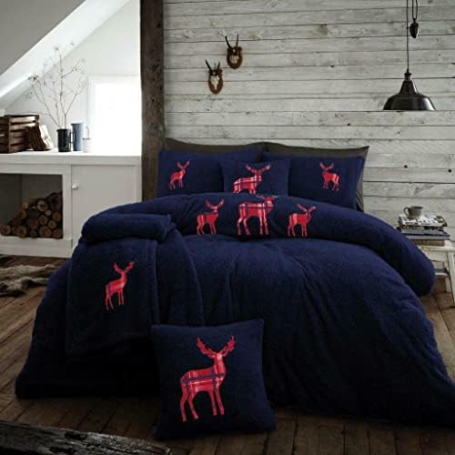 Lions Teddy Fleece Bedding - Ultra Soft Fluffy Double Duvet Cover Set with Pillowcase, Cuddly Thermal Warm Plain Quilt Covers, Emb Stag, Charcoal, 200x200cm