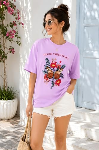 Image of Amazon Brand - Anarva Women Oversized Graphic Printed T Shirt 100% Cotton Drop Shoulder Loose Fit Baggy Casual Tshirt for Girls