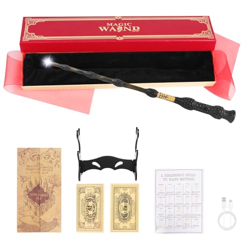 Dumbledore Wand 38CM Glowing Magic Wand Spell Cards with Gold-Embossed Train Tickets Maps Black Sword Stand Gift Box Packaging for Carnival Halloween Props Birthday Gifts for Magic Enthusiasts